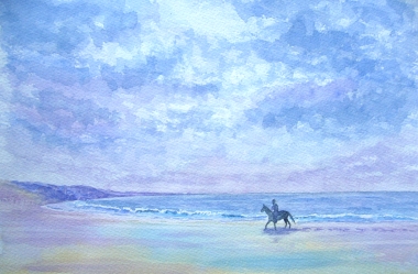 watercolour painting, horse riding on beach