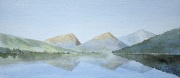 watercolour painting, mountains, lake