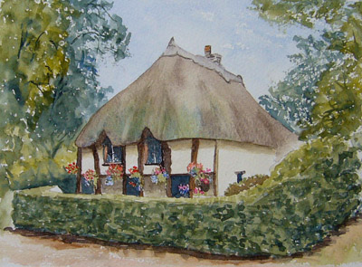 watercolour painting of Drake Cottage, Cockington